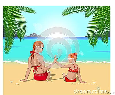 Mother with daughter on the beach Vector Illustration